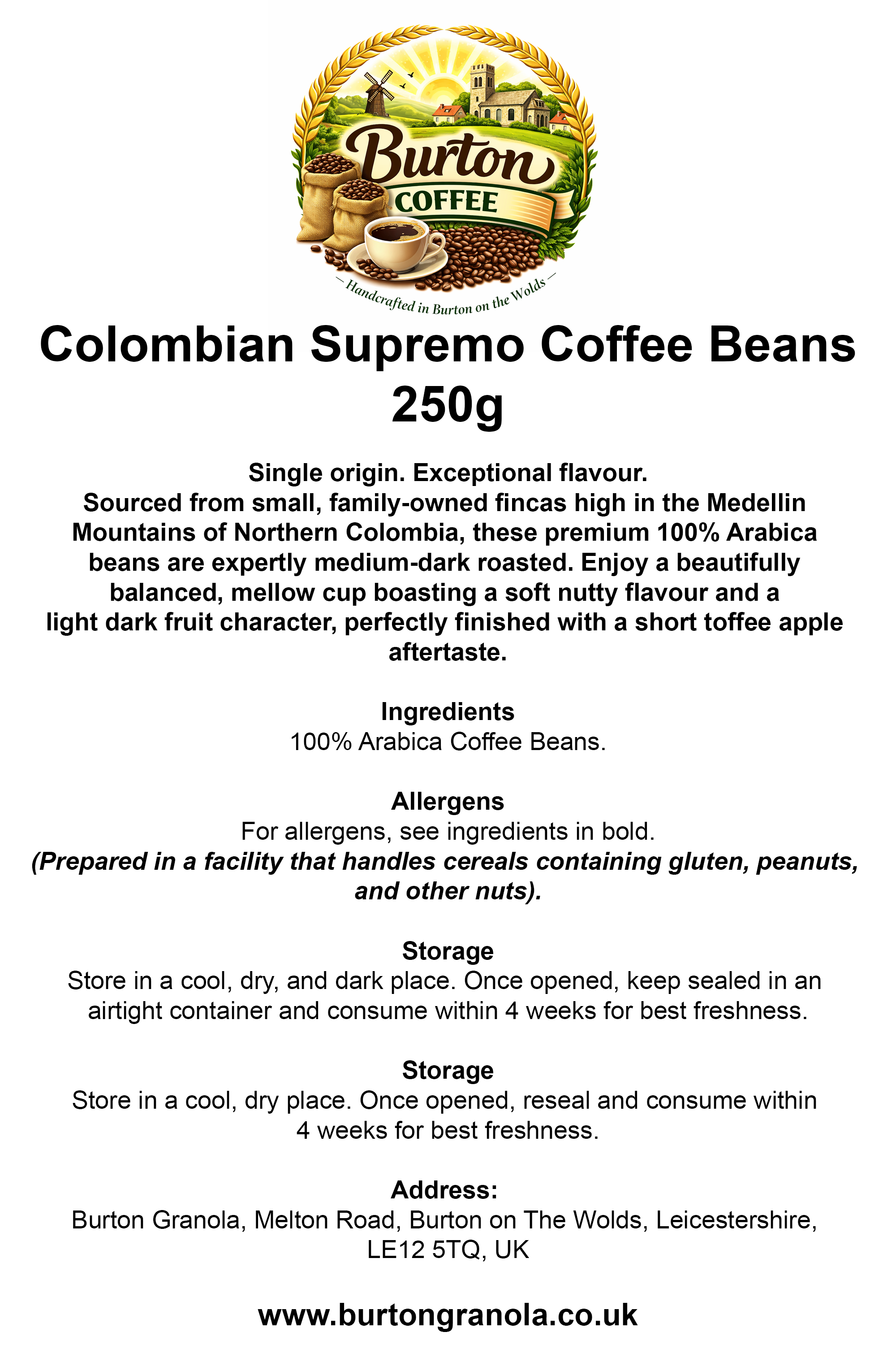 Burton Coffee - Colombian Supremo Single Origin Coffee Beans (250g)