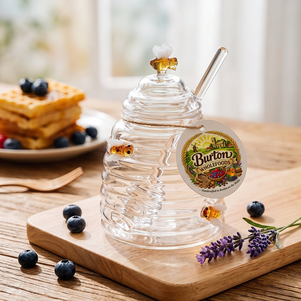 Glass Honey Jar with Stirrer - Cute Bee Design