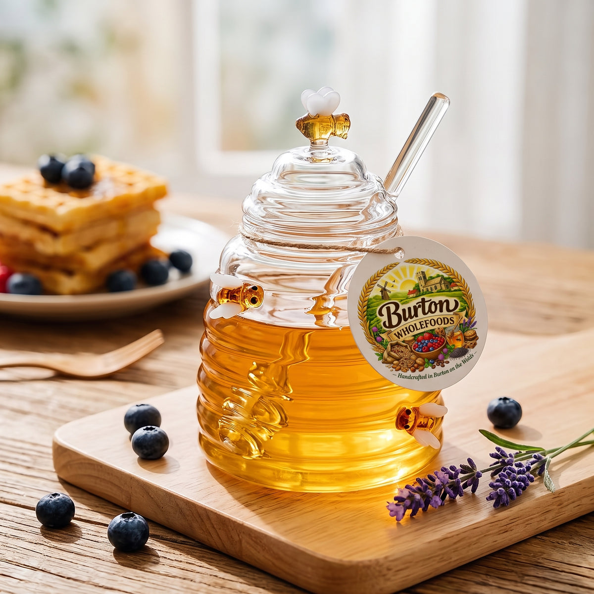 Glass Honey Jar with Stirrer - Cute Bee Design